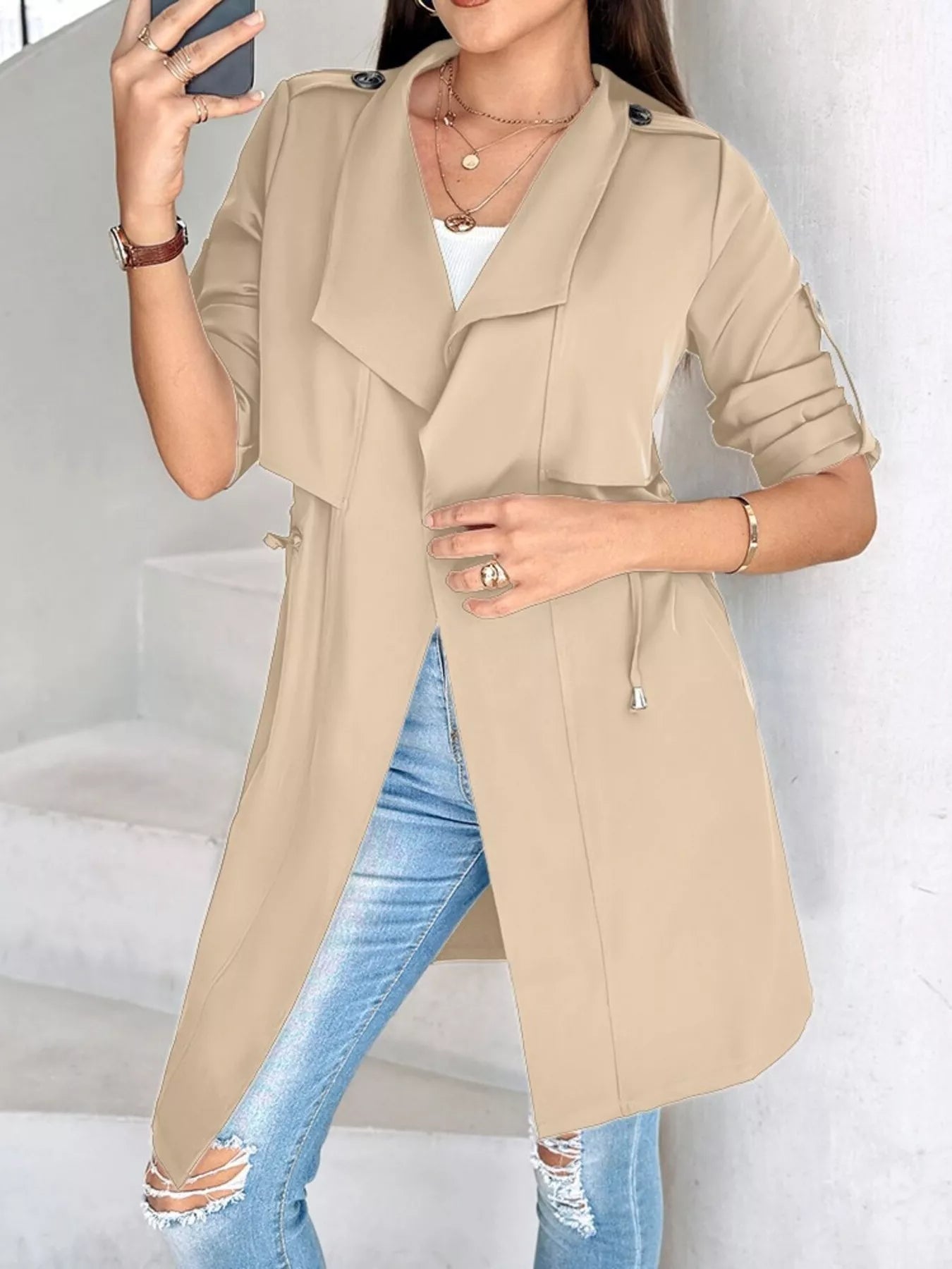 Drape Collar Lightweight Trench Coat OutfitFlow