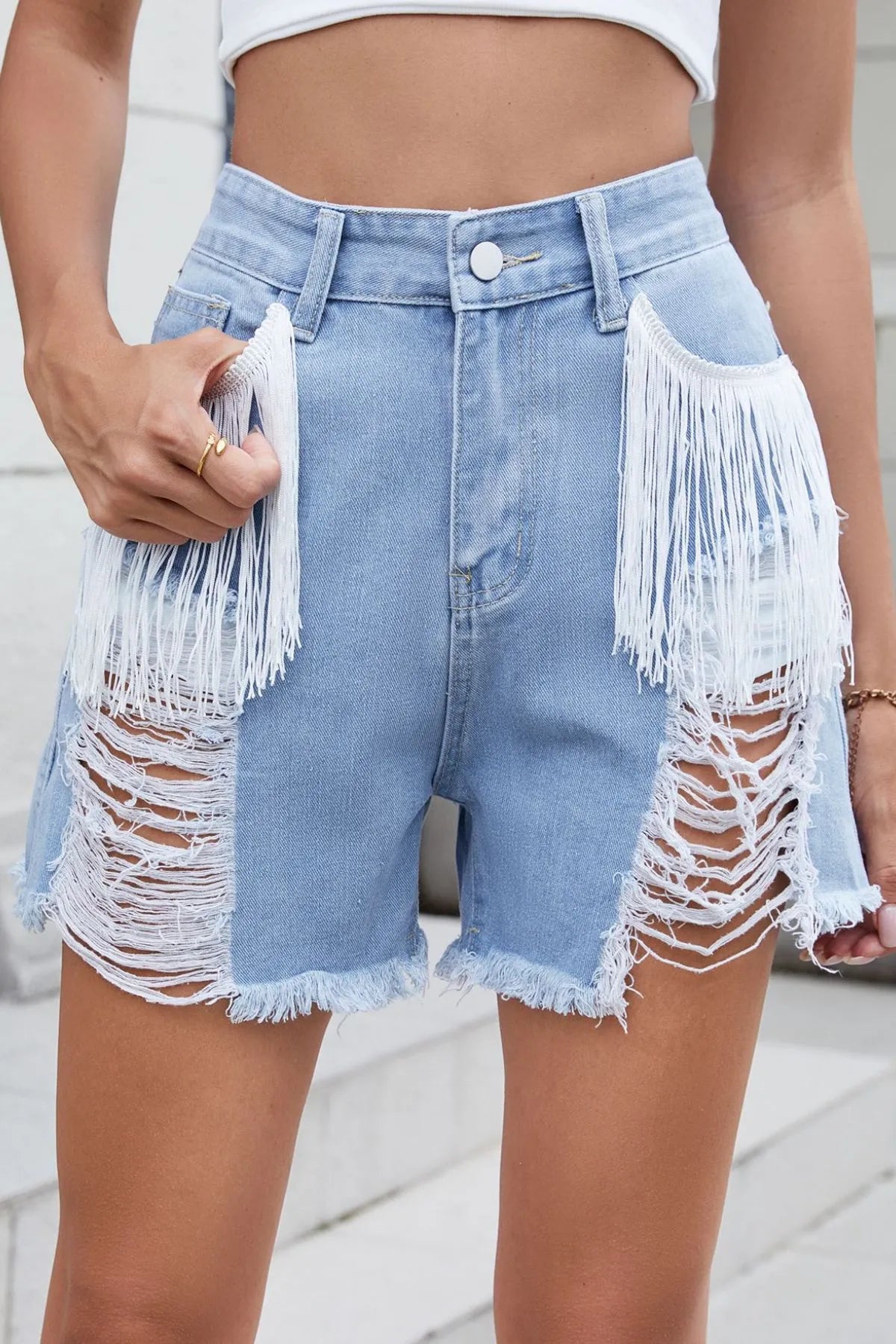 Distressed Fringe Denim Shorts OutfitFlow