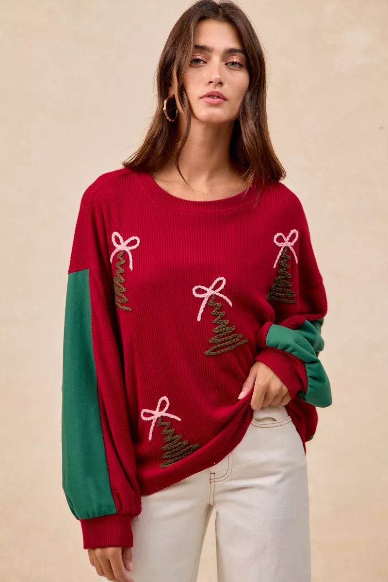 BiBi Christmas Theme Tree Embroidered Sweater RED OutfitFlow