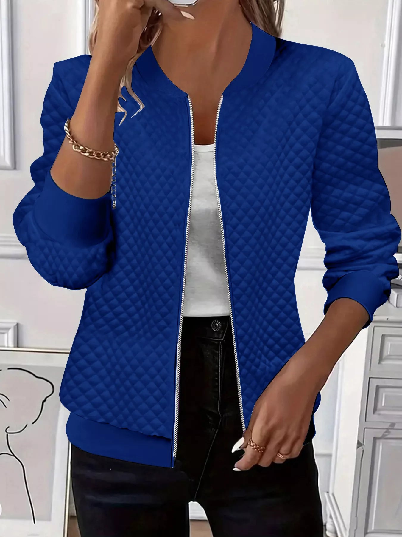 Textured Zip Up Long Sleeve Jacket Blue OutfitFlow