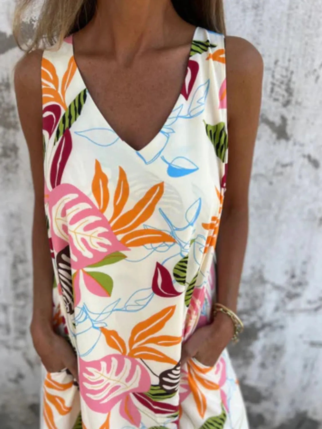 Full Size Printed V-Neck Sleeveless Dress Plus Size OutfitFlow