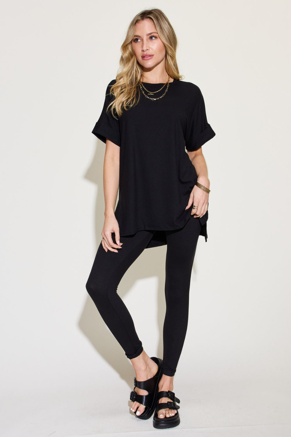 Outfit Flow - Zenana Plus Size Short Sleeve Slit T-Shirt and Leggings Lounge Set