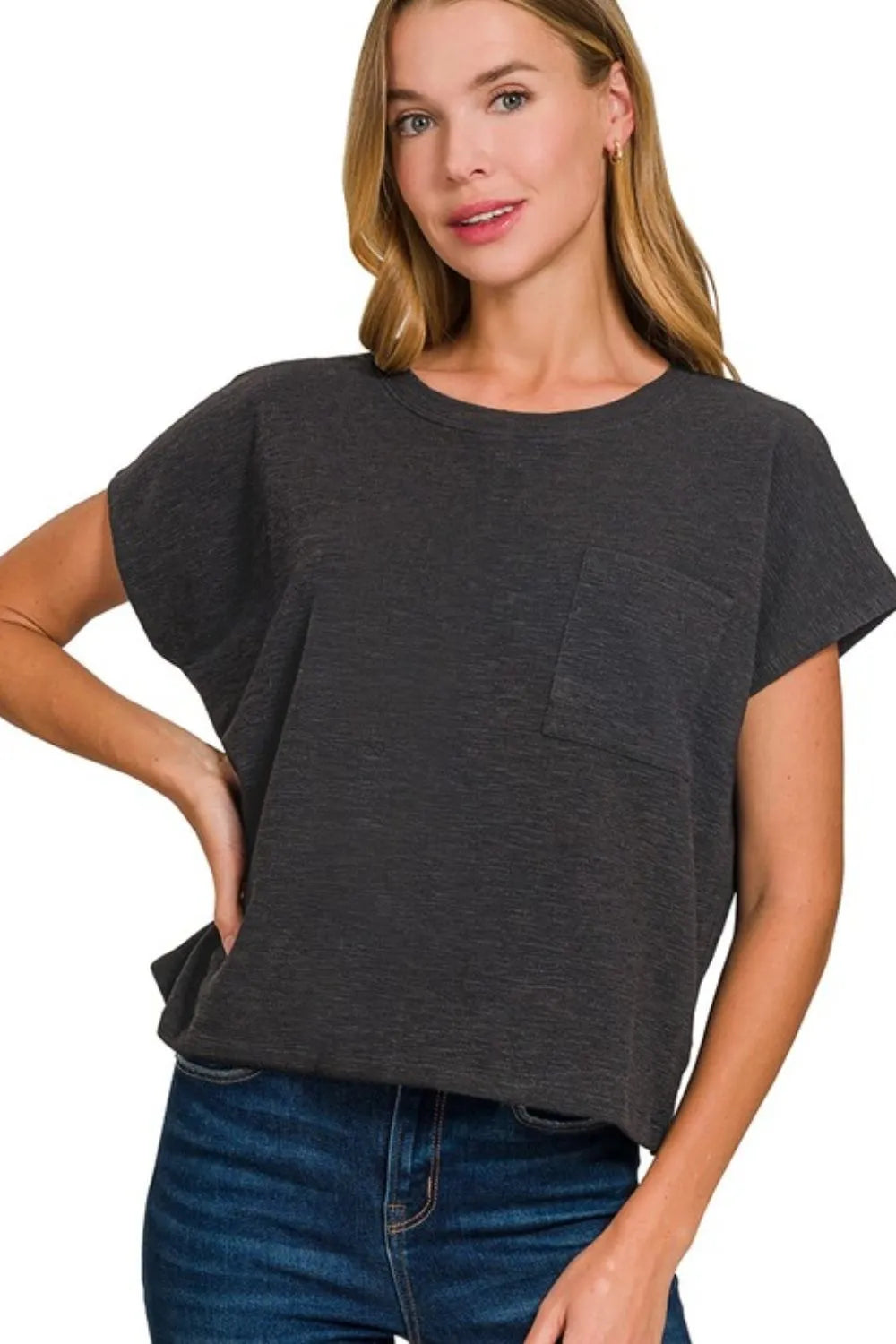 Zenana Round Neck Short Sleeve T-Shirt BLACK OutfitFlow