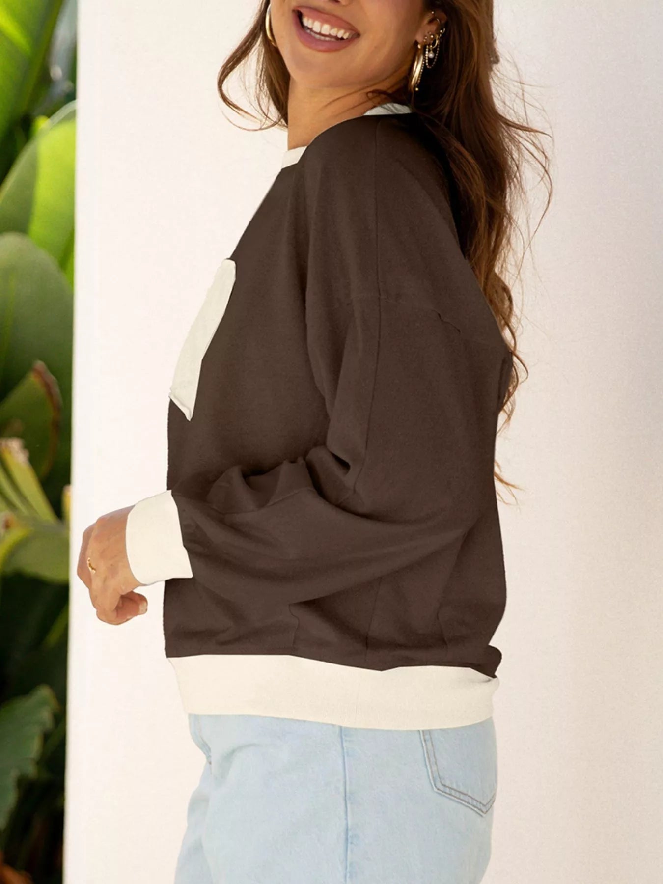 Raw Edge Flower Patch Drop Shoulder Casual Top OutfitFlow
