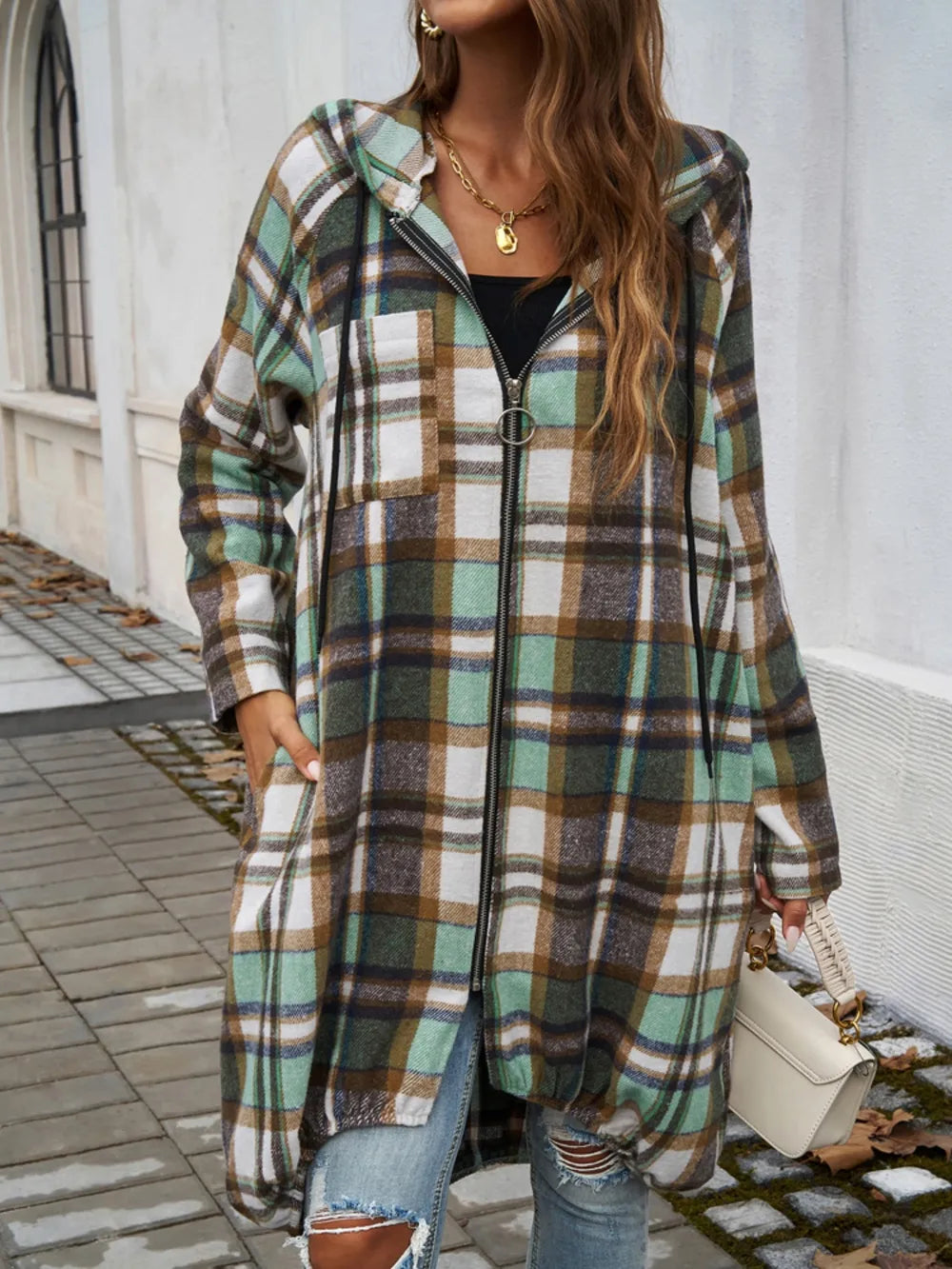 Devine Plaid Zip Up Hooded Coat Trendsi