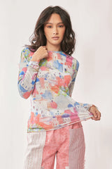 Davi & Dani Multi Printed Mesh Round Neck Long Sleeve Top OutfitFlow