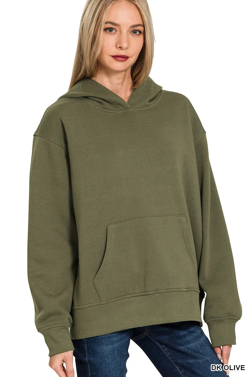Zenana Fleece Kangaroo Pocket Hoodie DK OLIVE OutfitFlow