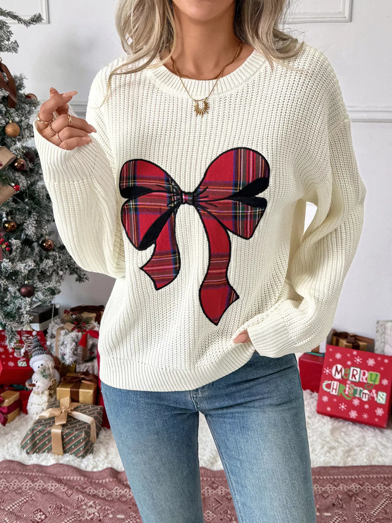 Christmas Bow Dropped Shoulder Sweater Trendsi