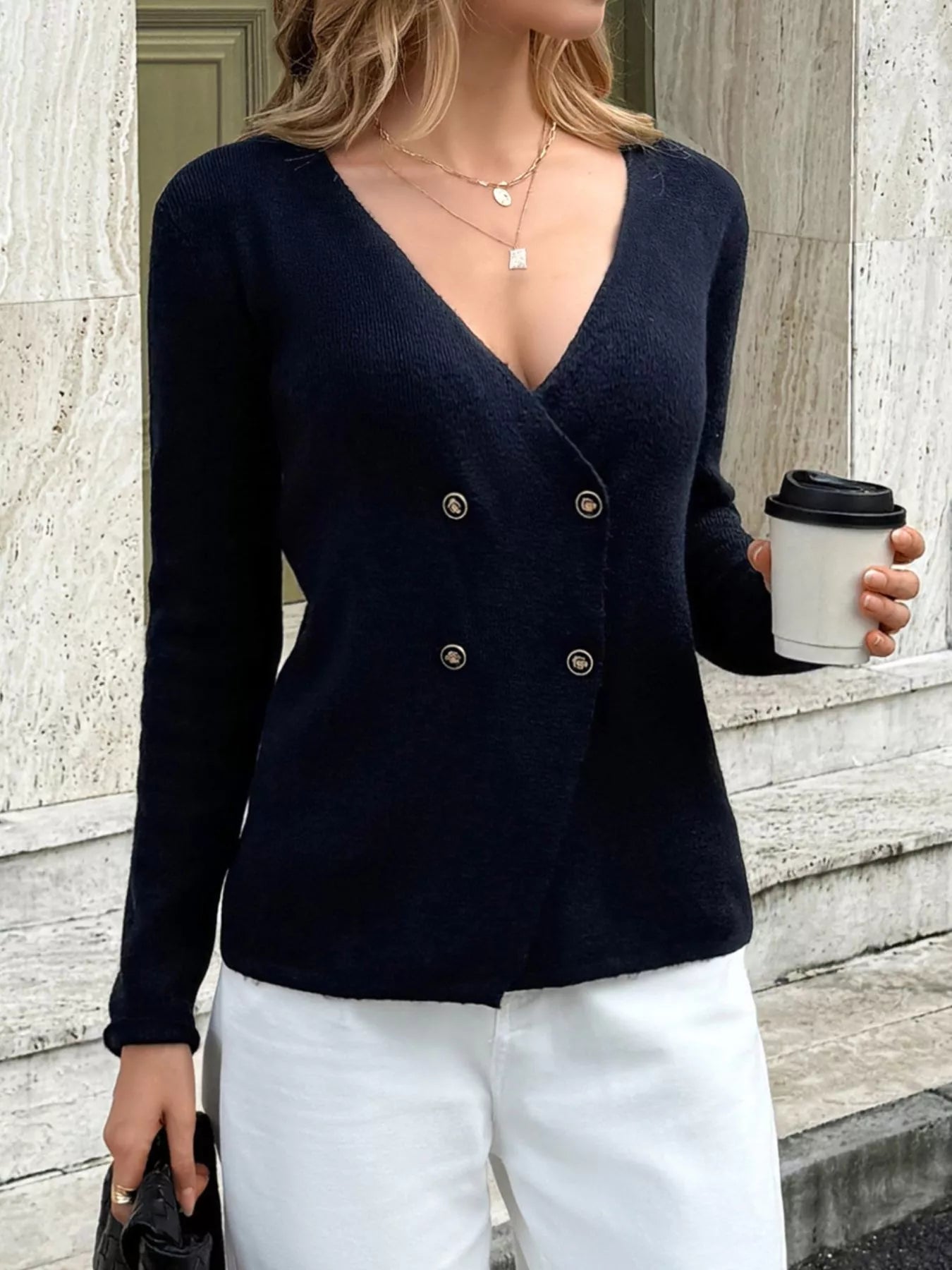 Double-Breasted Knit Cardigan OutfitFlow