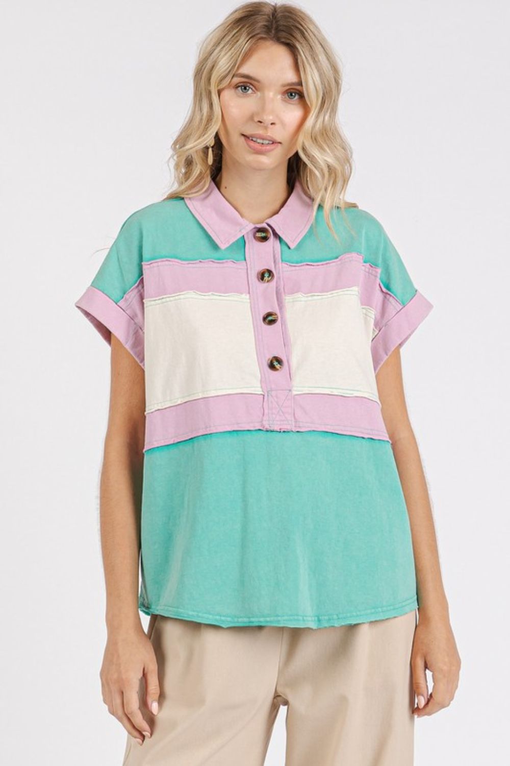 Mittoshop Color Block Henley Short Sleeve Polo Shirt OutfitFlow