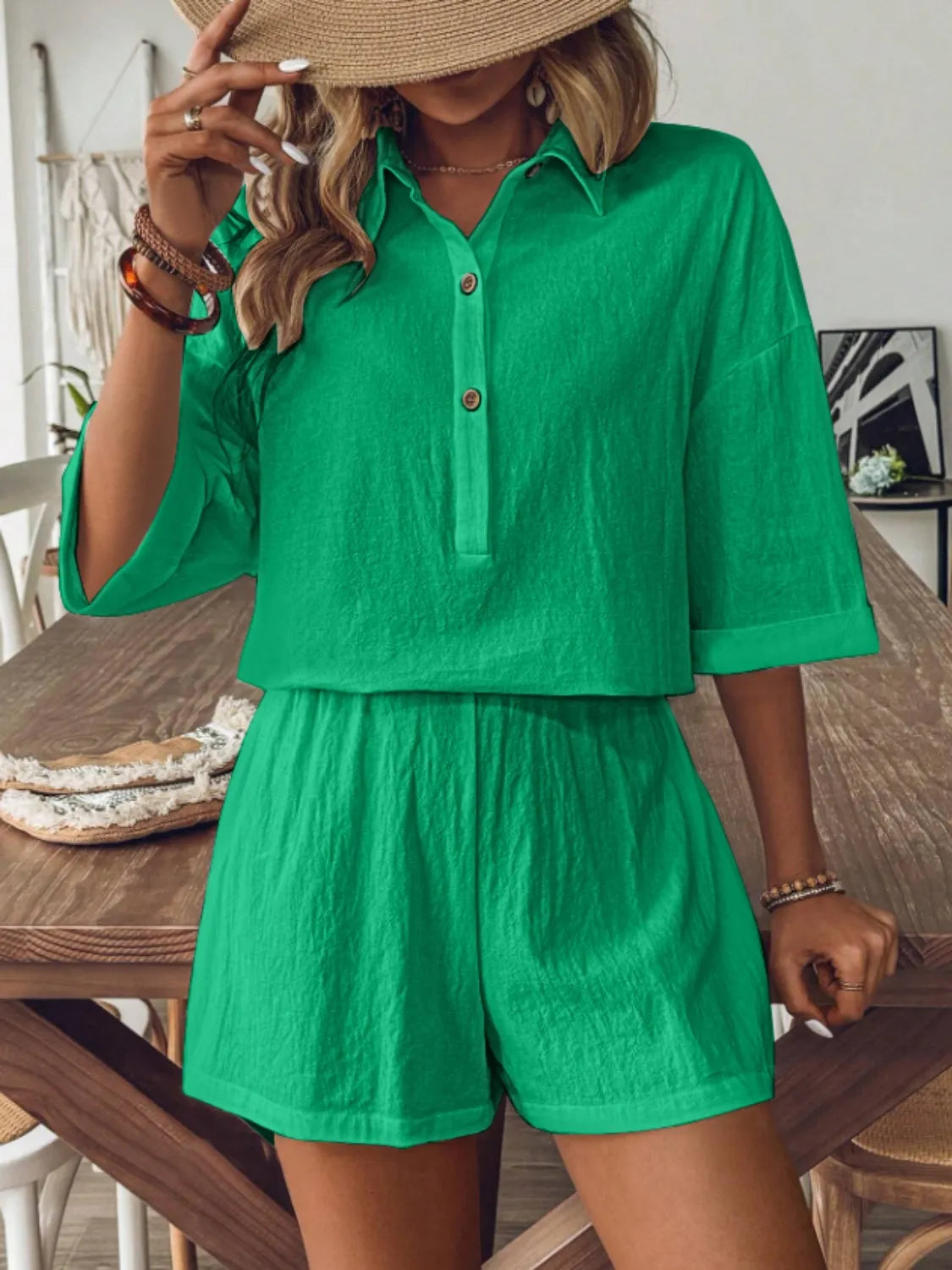 Collared Neck Half Sleeve Top and Shorts Set OutfitFlow