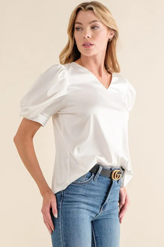 And The Why Plain Satin Puff Shirring V Neck Blouse Top OutfitFlow