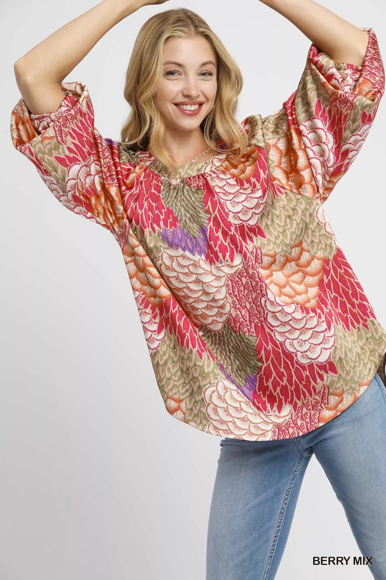 Umgee Boho Feather Print Peasant Blouse BERRY MIX Trendsi