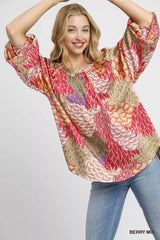 Umgee Boho Feather Print Peasant Blouse BERRY MIX Trendsi