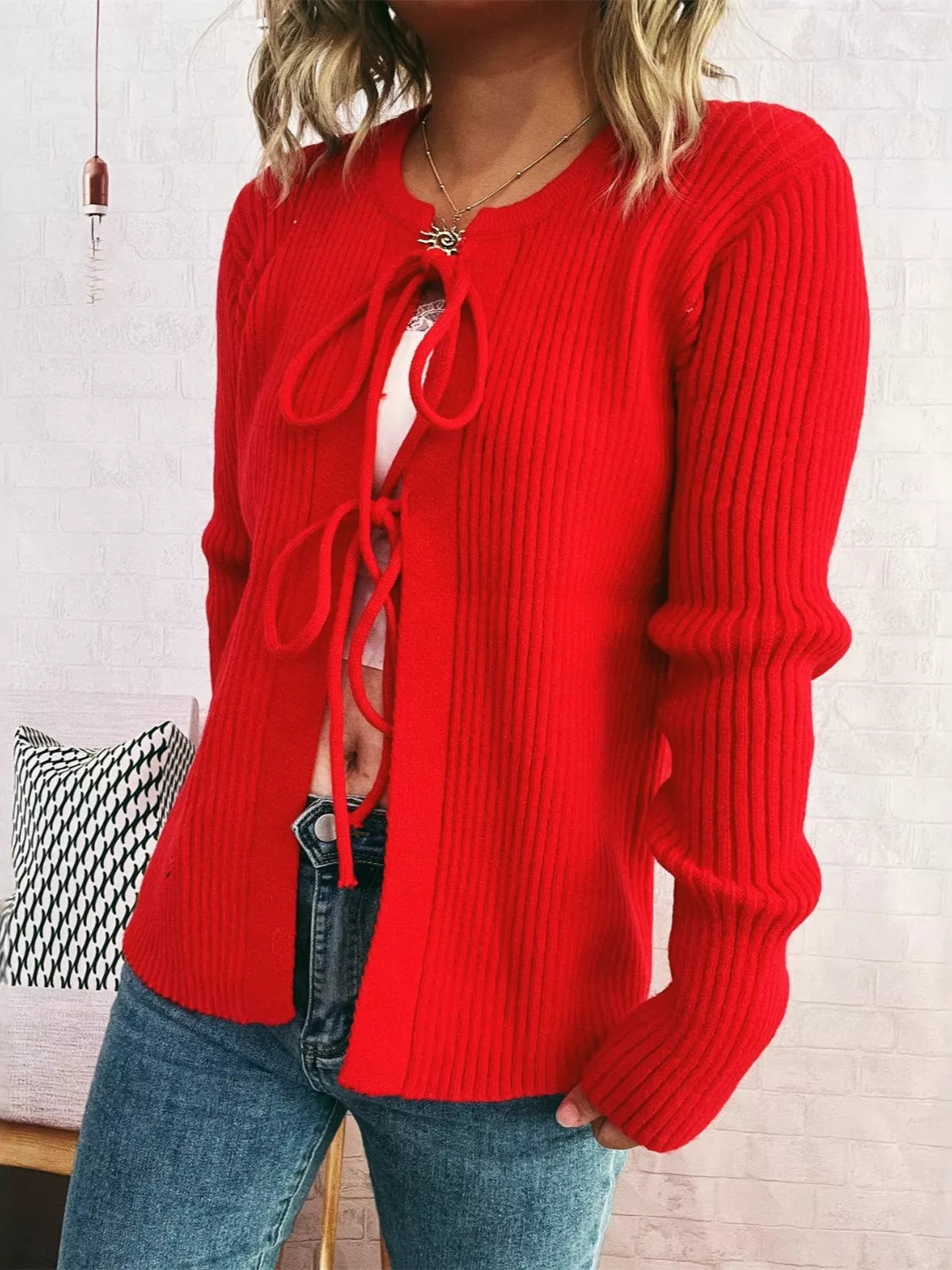 Ribbed Tie Front Long Sleeve Cardigan OutfitFlow