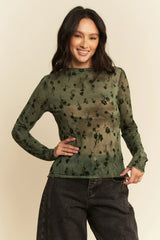 Davi & Dani Floral Mesh Long Sleeve Sheer Layering Top OutfitFlow