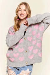 ADORA Button Down Heart Sweater Cardigan GREY PINK OutfitFlow