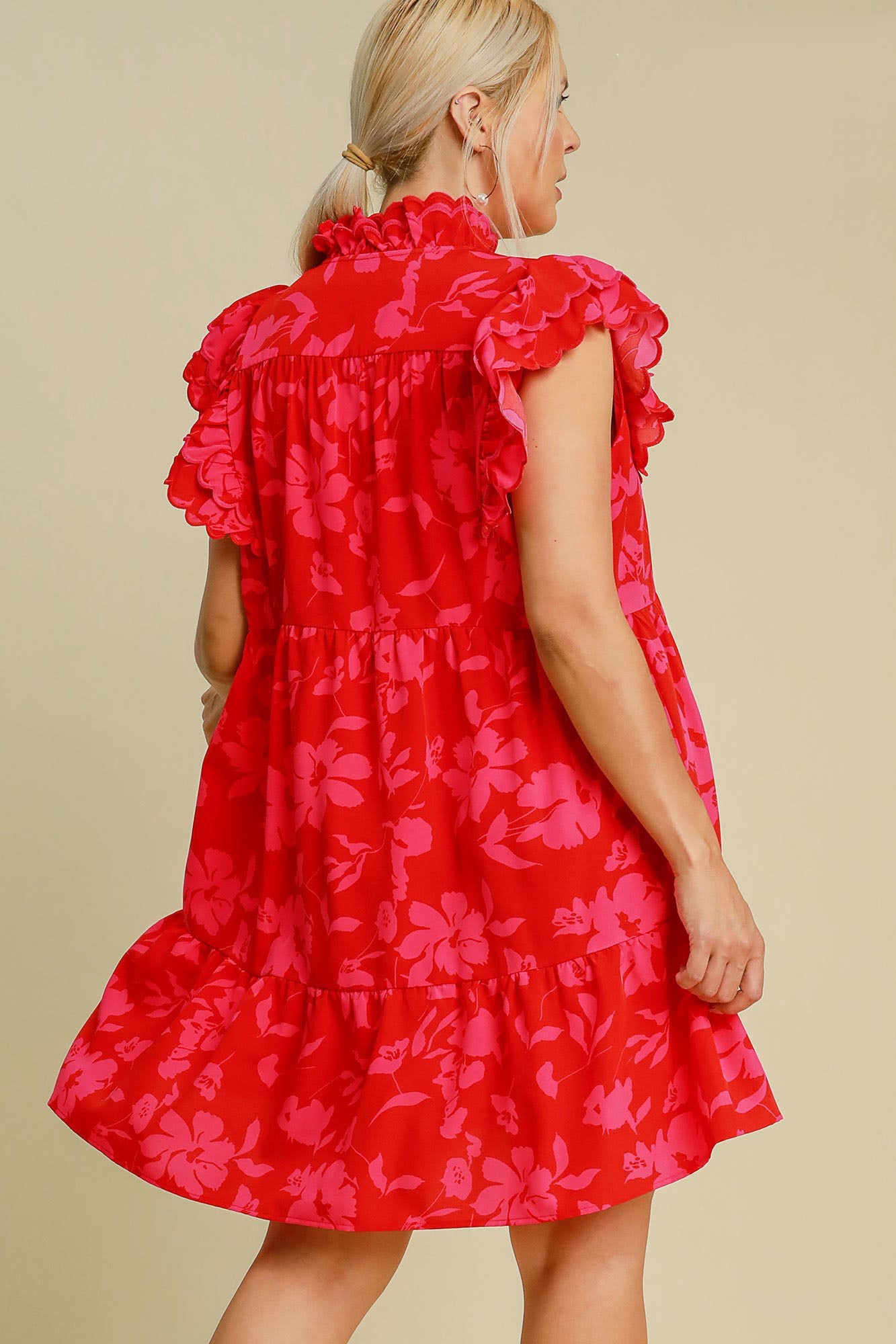 Umgee Full Size Two Tone Floral Print Ruffle Cap Sleeve Mini Dress Plus Size OutfitFlow