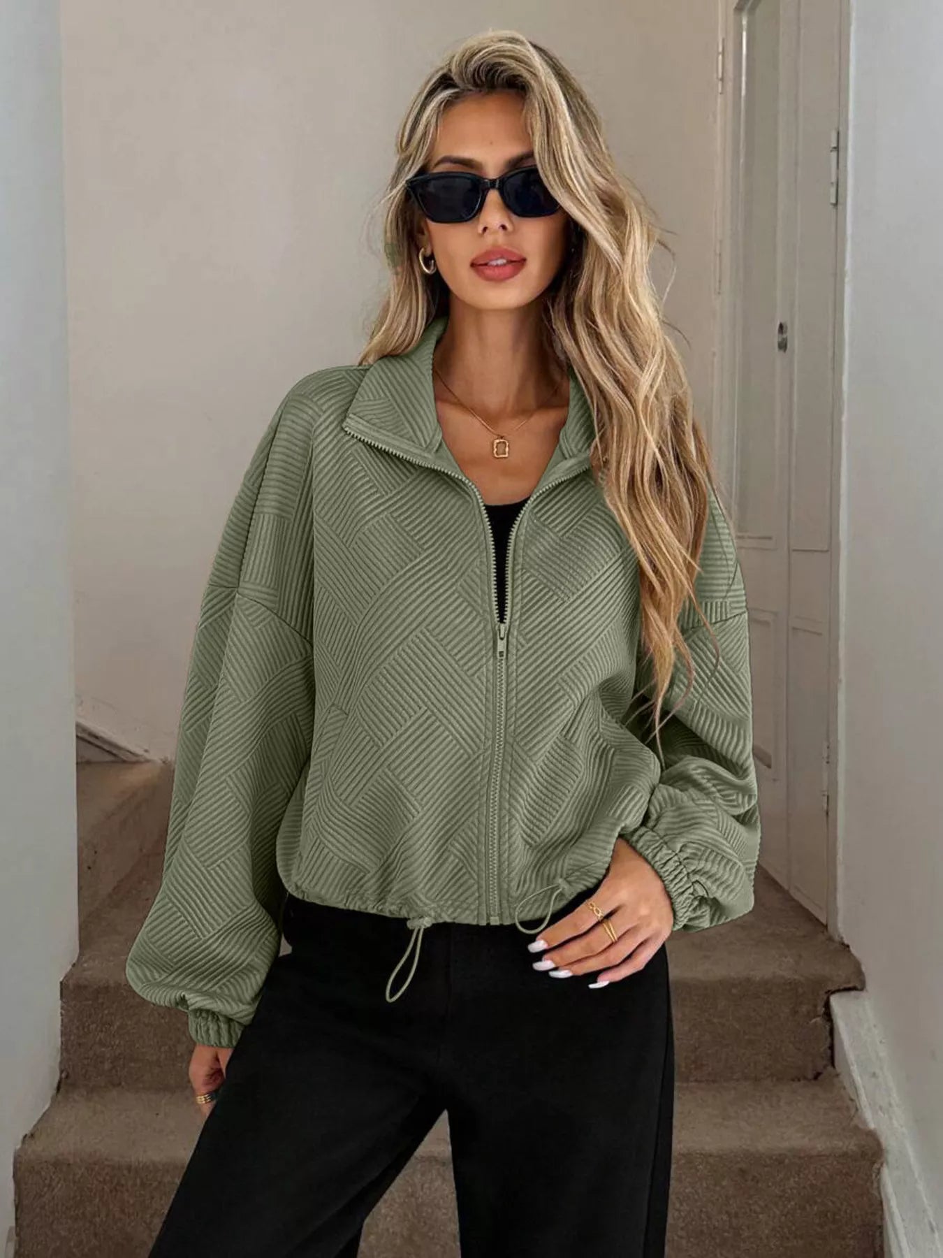 Drawstring Hem Textured Long Sleeve Jacket Army Green OutfitFlow