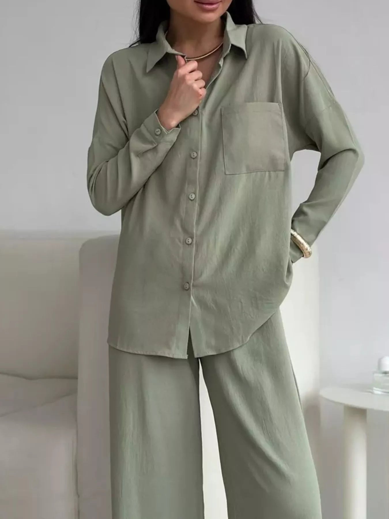 Button Down Shirt and Pants Set Army Green OutfitFlow