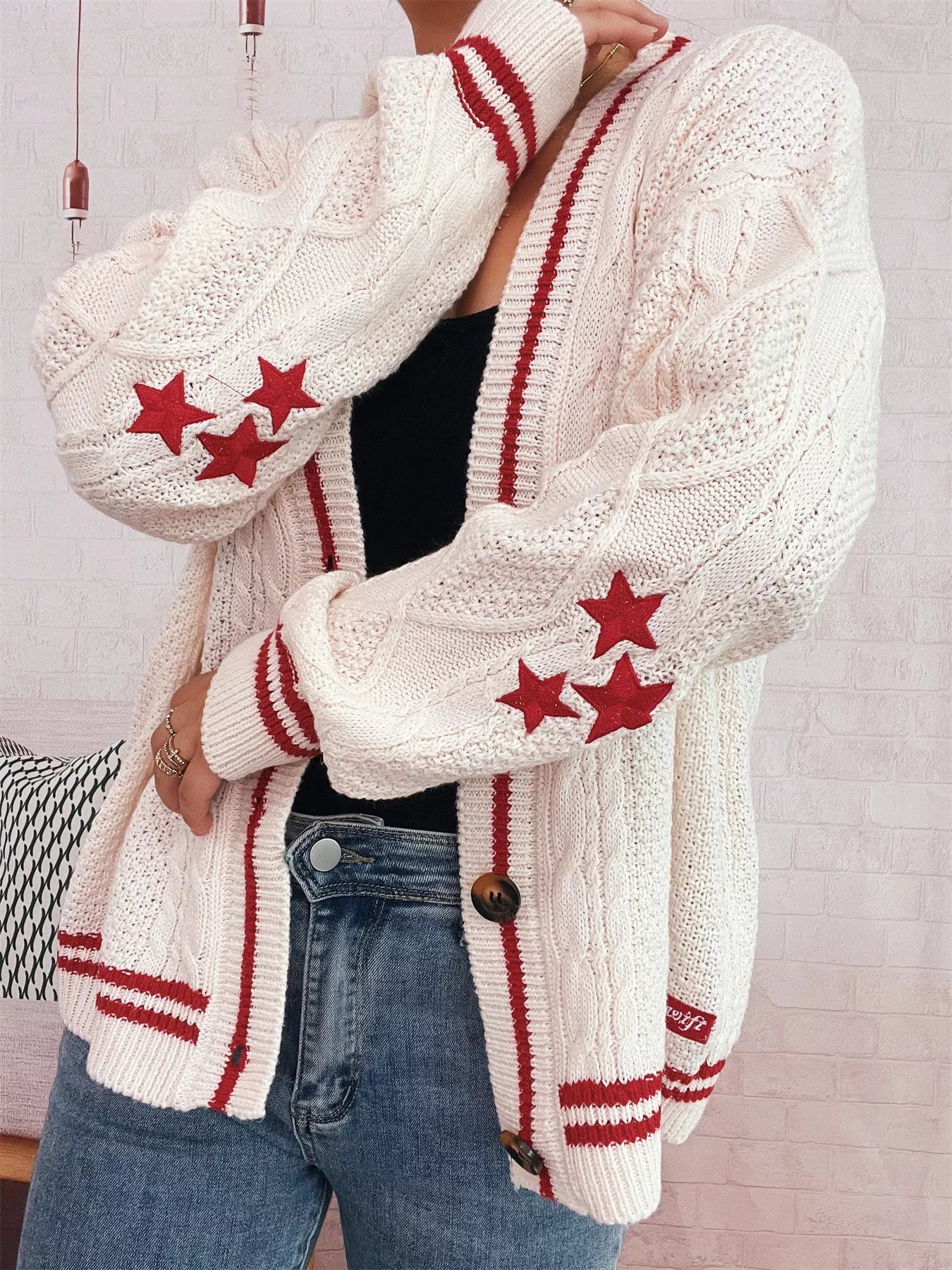 Star Pattern Button-Up Cardigan with Contrast Trim OutfitFlow