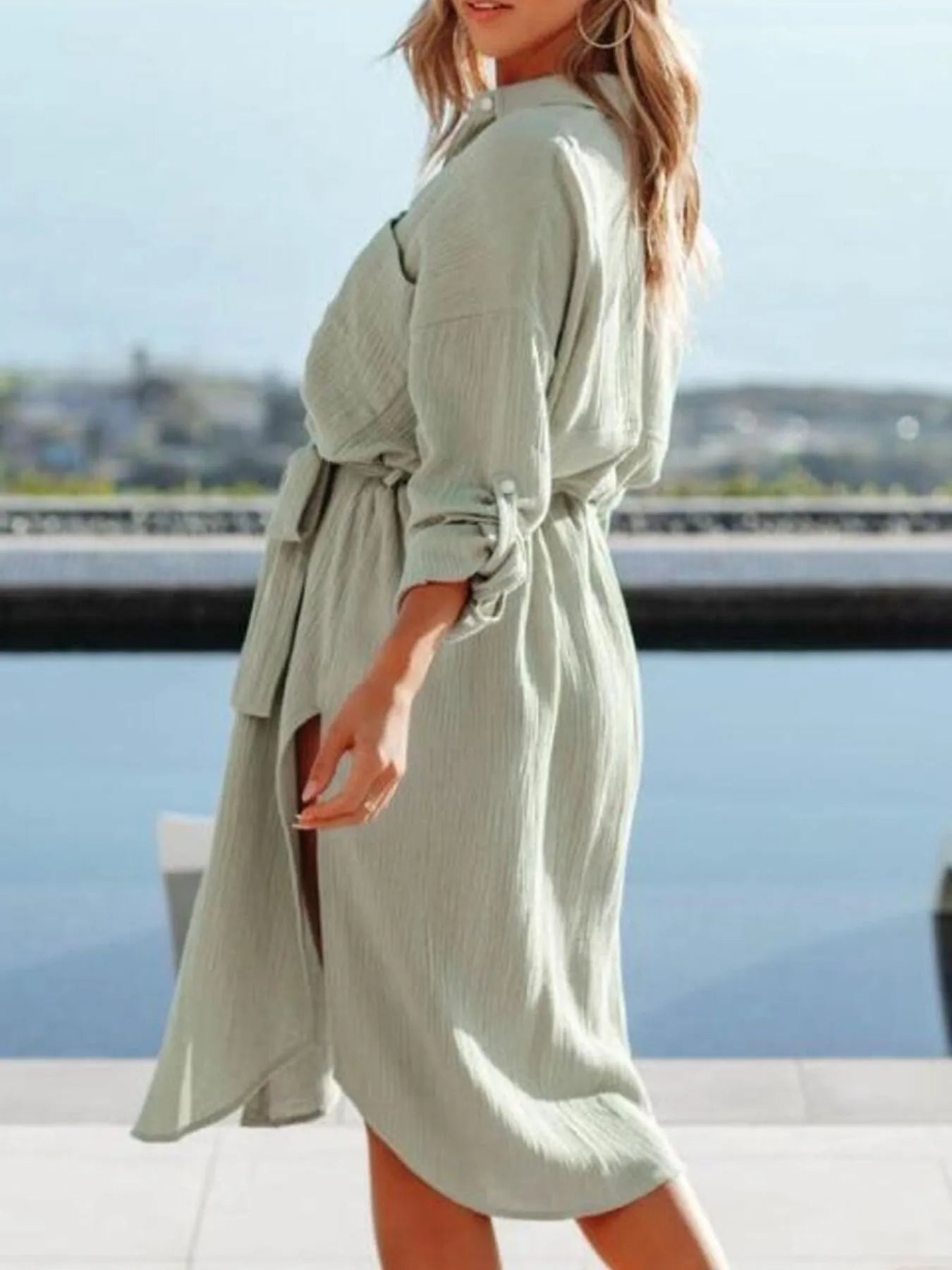 Button Down Tie Waist Shirt Dress OutfitFlow