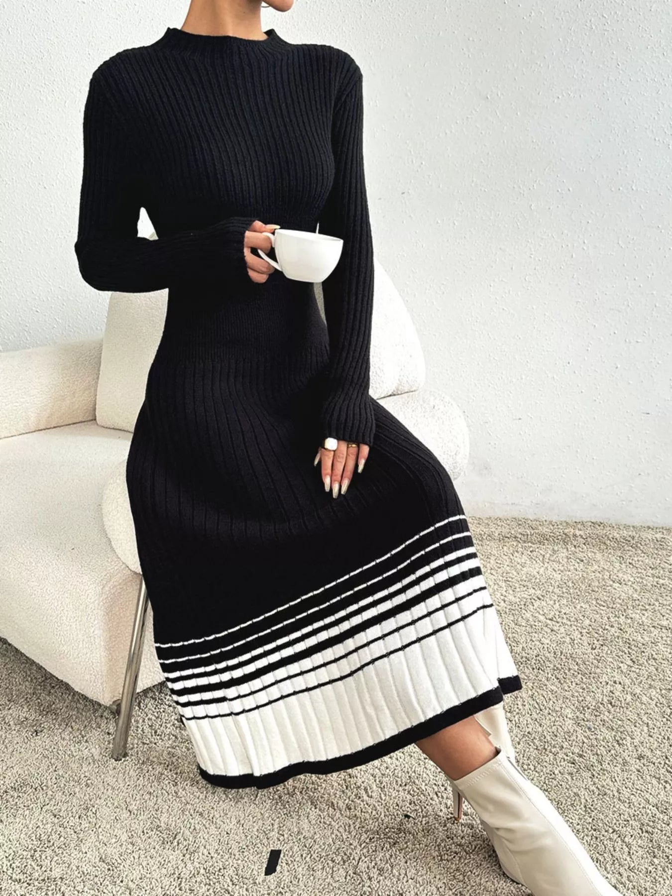 Ribbed Knit Sweater Dress with Striped Hem Black OutfitFlow