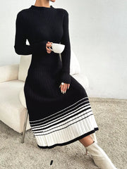 Ribbed Knit Sweater Dress with Striped Hem Black OutfitFlow