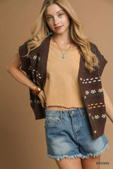 Umgee Button-Down Knit Vest with Floral Pattern OutfitFlow