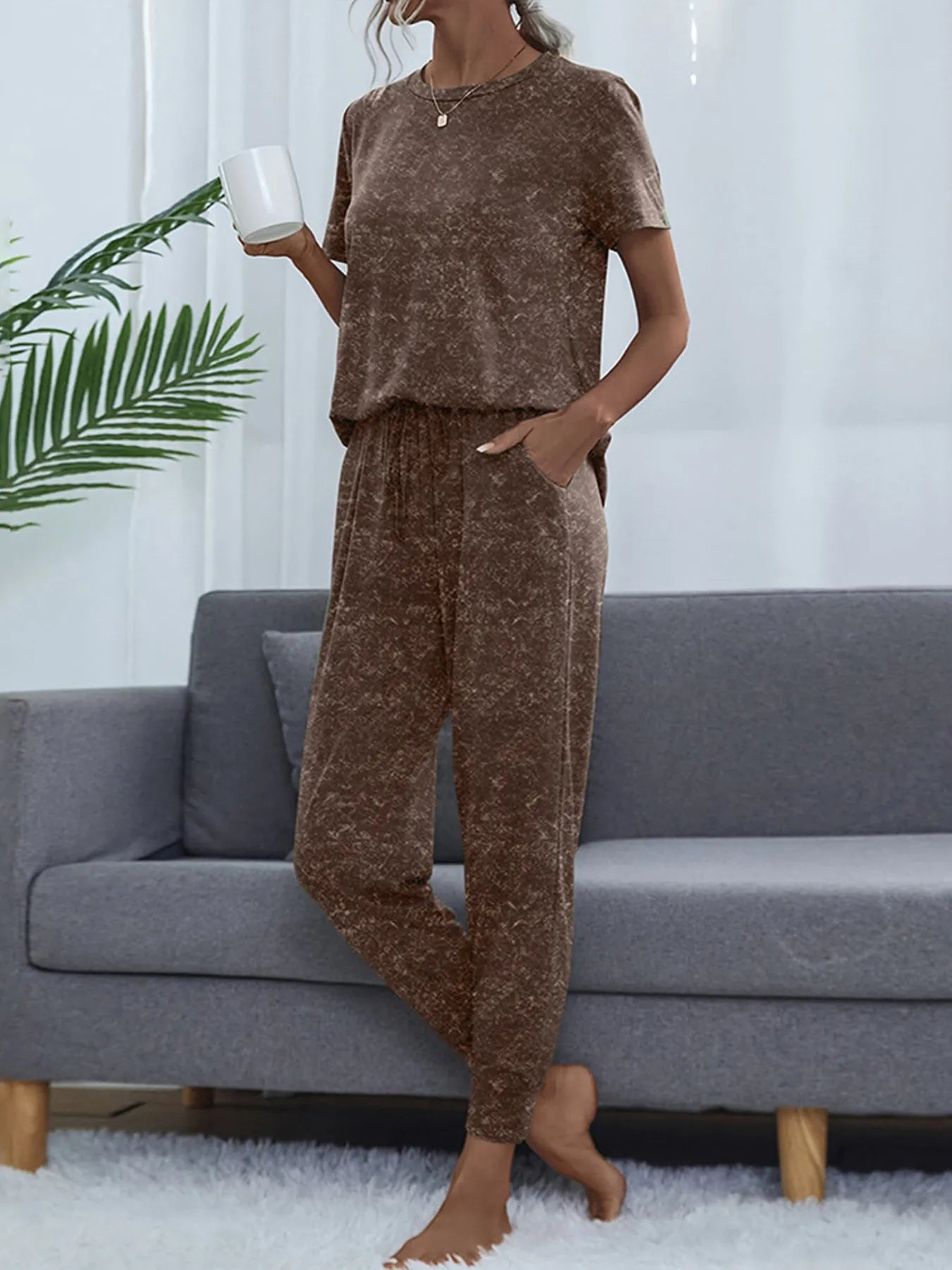 Round Neck Short Sleeve Top and Pants Lounge Set OutfitFlow