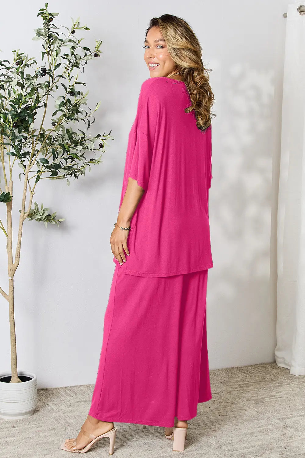 Double Take Full Size Round Neck Slit Top and Pants Set OutfitFlow