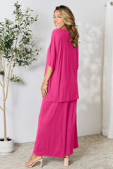 Double Take Full Size Round Neck Slit Top and Pants Set OutfitFlow