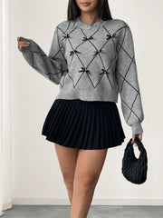 Diamond Pattern Bow Detail Sweater OutfitFlow