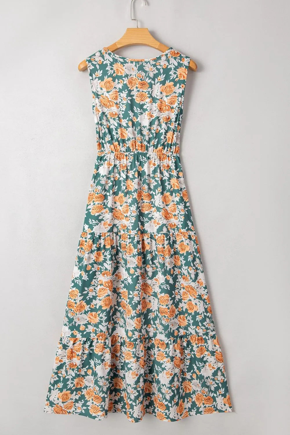 Floral Print Trimmed V Neck Tie Waist Sleeveless Dress OutfitFlow