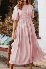 Puff Sleeve Pleated High Waist Flowy Midi Dress OutfitFlow