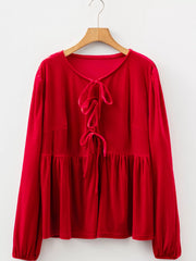 Plus Size Tie Front Velvet Peplum Blouse OutfitFlow