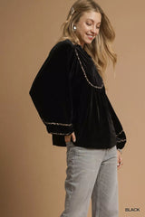 Umgee Velvet Long Sleeve Blouse with Contrast Trim OutfitFlow