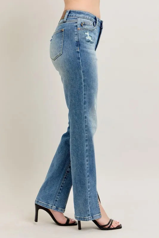 Judy Blue Full Size High Waist Vintage Wash Front Seam & Slit Straight Plus Size OutfitFlow