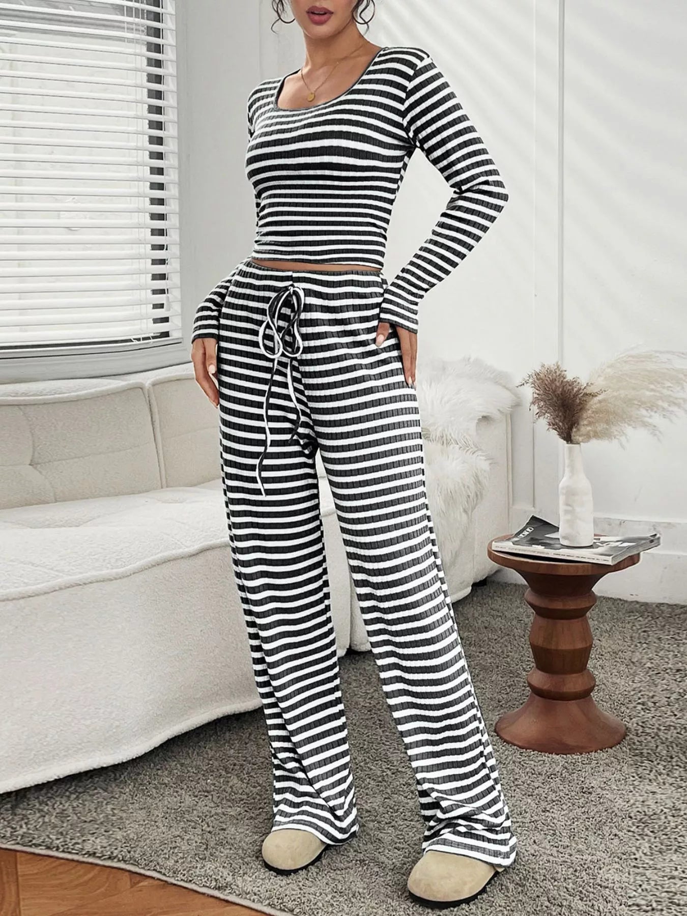 Striped Long Sleeve Top and Pants Set Black OutfitFlow