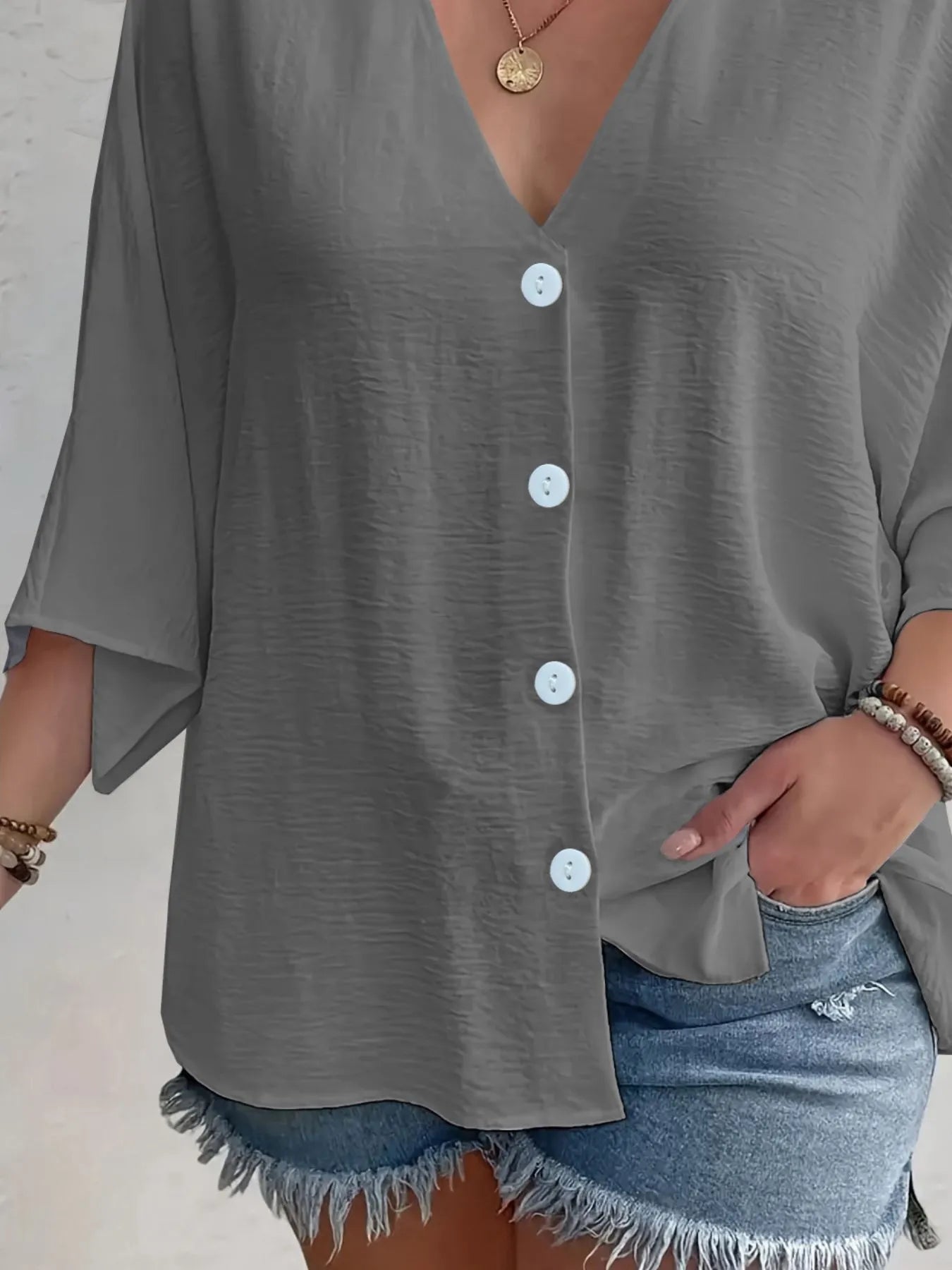 Full Size Casual V-Neck Button Down Relaxed Fit Blouse Plus Size OutfitFlow