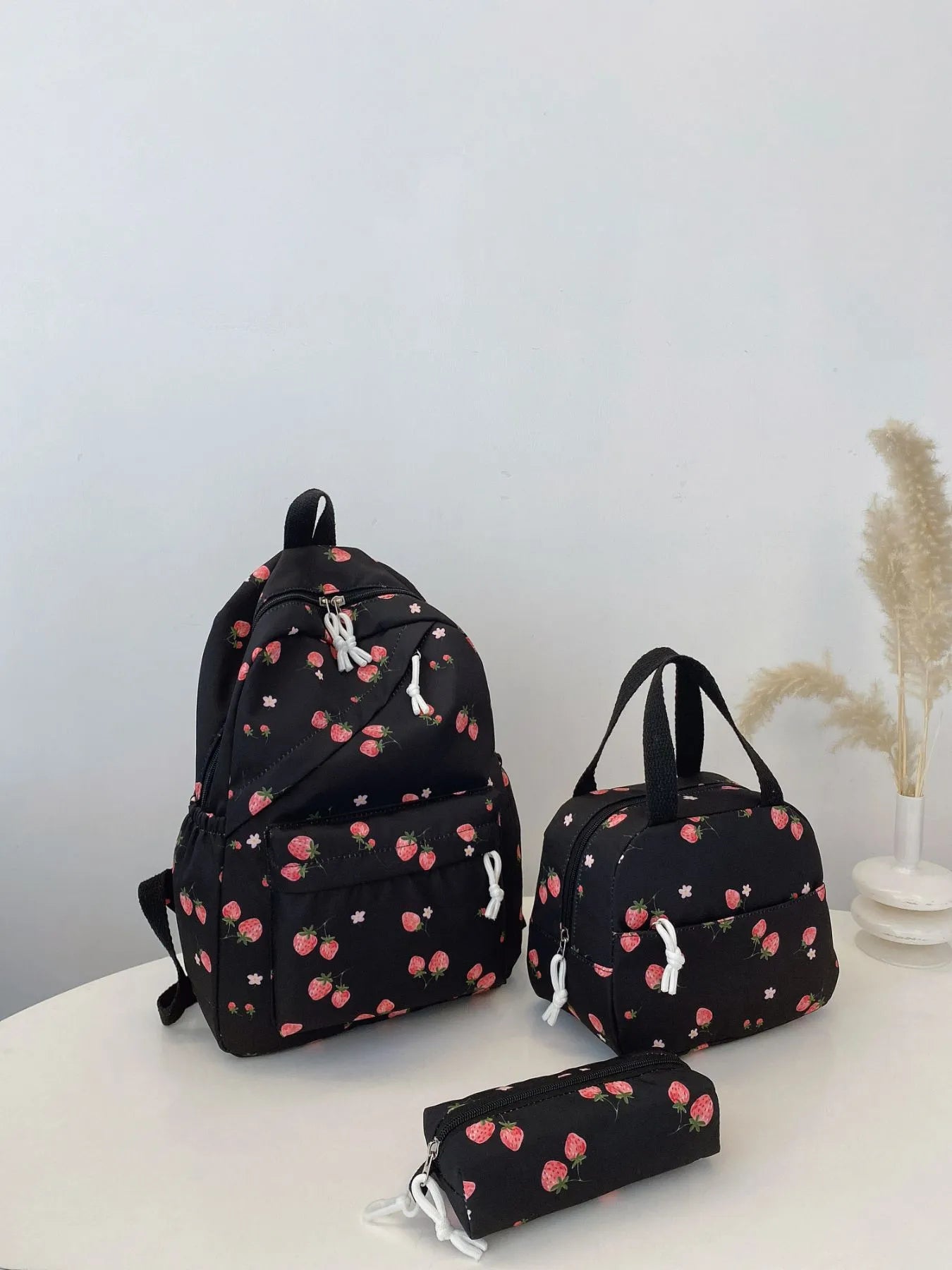 3-Piece Strawberry Print Canvas Bag Set Black onesize OutfitFlow