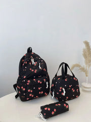 3-Piece Strawberry Print Canvas Bag Set Black onesize OutfitFlow