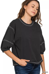 Zenana Balloon Sleeve Top with Contrast Stitching OutfitFlow