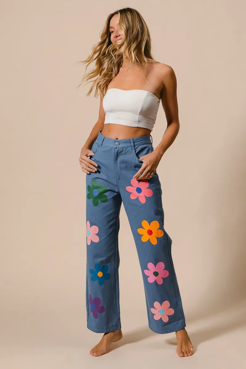 BiBi Flower Print Straight Legs Pants OutfitFlow