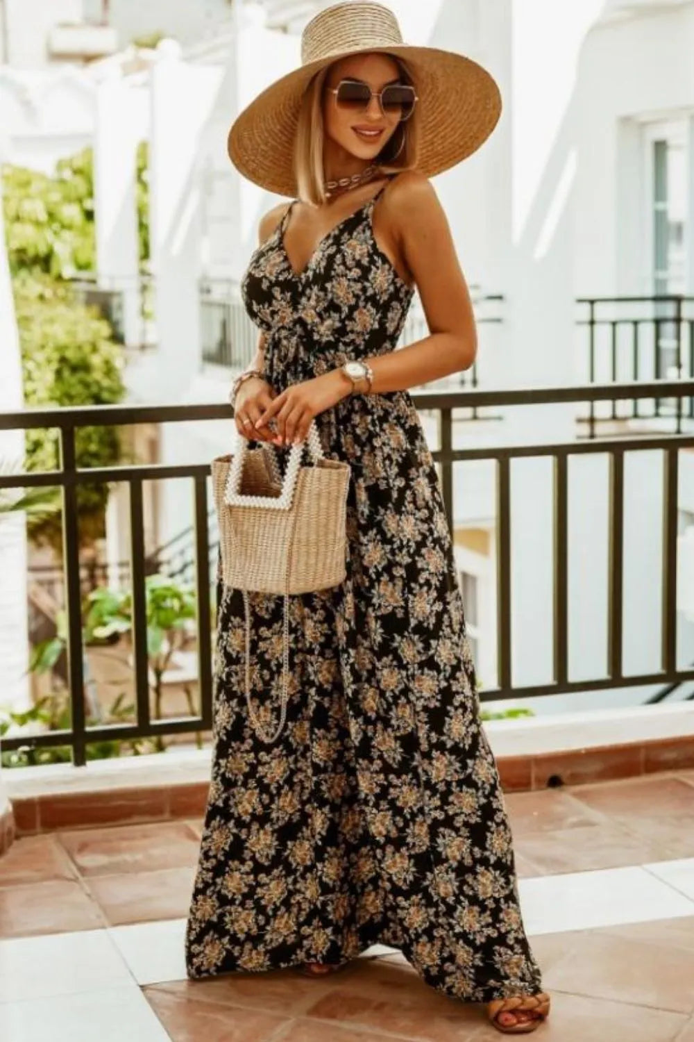 Printed Spaghetti Strap Maxi Dress OutfitFlow