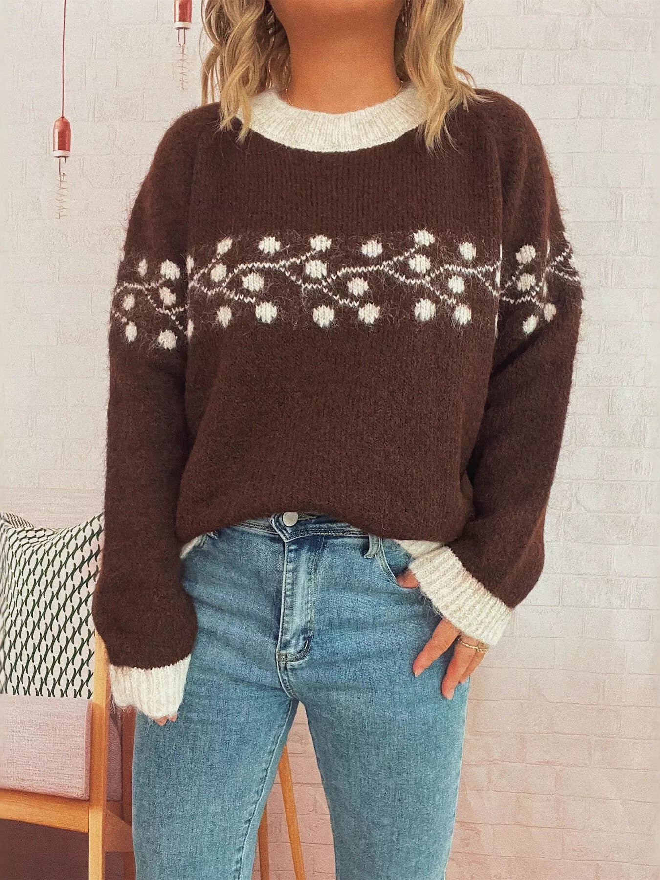 Contrast Hem Round Neck Sweater Brown One Size OutfitFlow