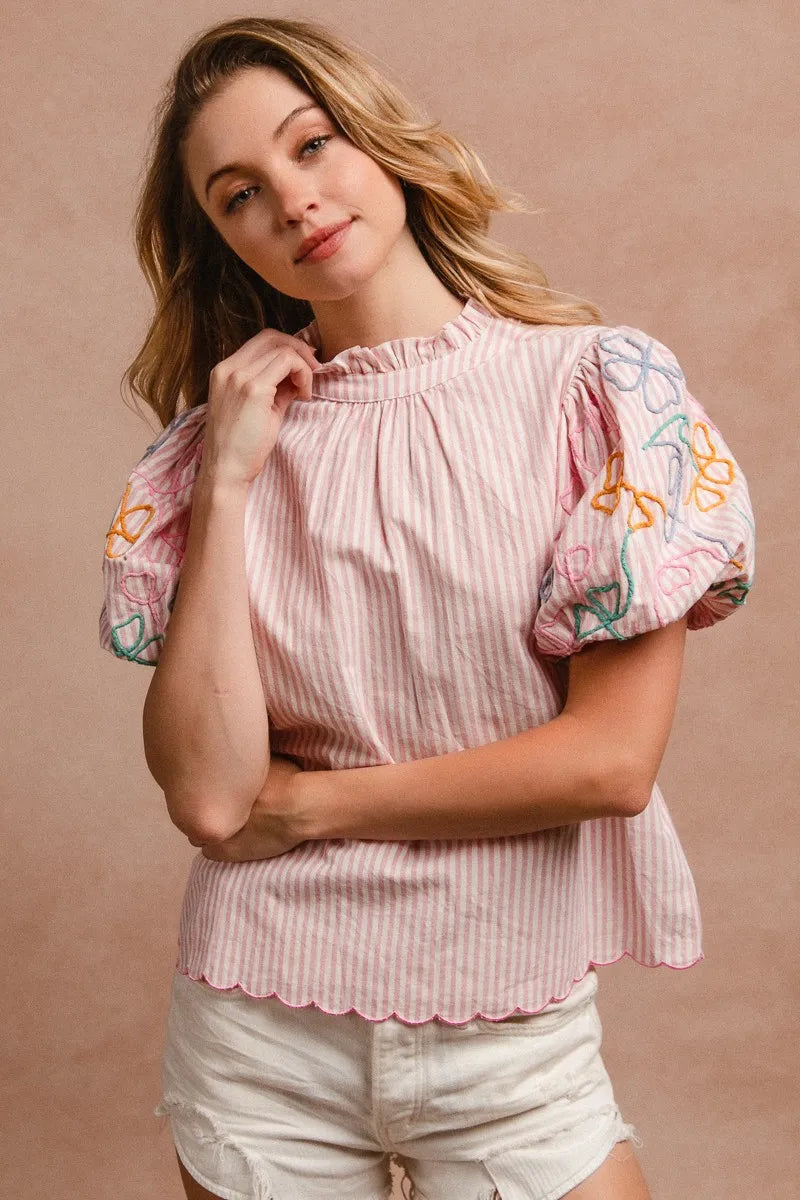 BiBi Embroidery Bubble Sleeve Top With Bottom Scallop Detail OutfitFlow