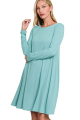 Zenana Long Sleeve Flare Dress With Pockets OutfitFlow