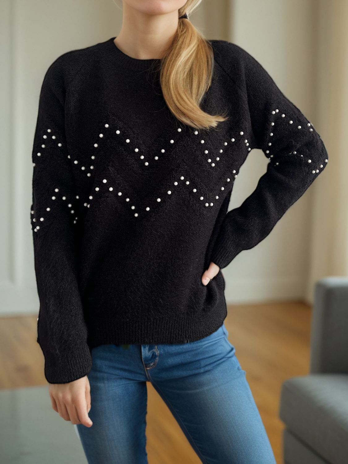 Pearl Trim Round Neck Raglan Sleeve Sweater