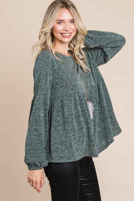 Outfit Flow - Super Lady Full Size Heathered Round Neck Babydoll Top